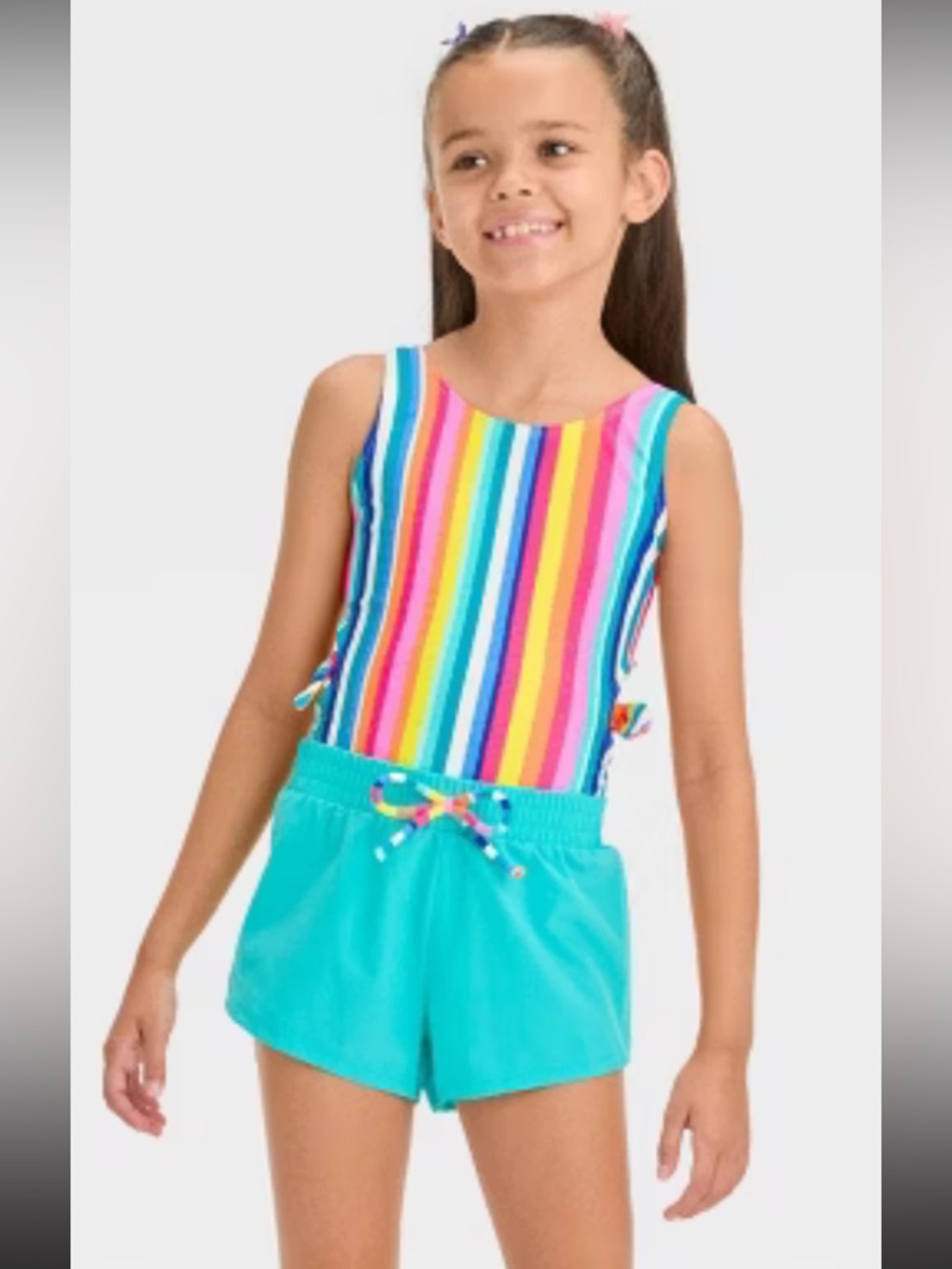 NEW Cat & Jack Rainbow Stripe One-Piece Swimsuit with Aqua Shorts